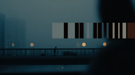 An abstract composition featuring a barcode-like pattern against a hazy, twilight cityscape with glowing orbs.の素材