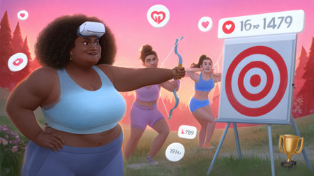 A vibrant image of friends engaged in an archery competition, set against a scenic outdoor backdrop. The scene includes a target, bows, and social media icons.の素材