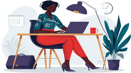 A focused African American woman is diligently working on her laptop at a well-lit home office desk, surrounded by typical office elements and a plant.の素材