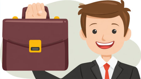 A cheerful cartoon businessman in a suit and tie holds a briefcase, symbolizing career, success, and professional opportunities. Ideal for business and financial themes.の素材