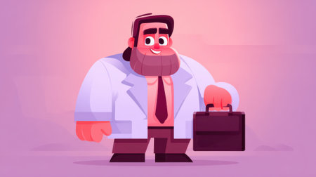 A cartoon illustration of a doctor holding a briefcase, wearing a lab coat and tie, with a friendly expression.の素材