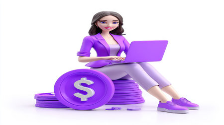 3D cartoon woman sitting on a pile of purple coins with a dollar sign, working on a laptop. Represents financial success and online business.の素材