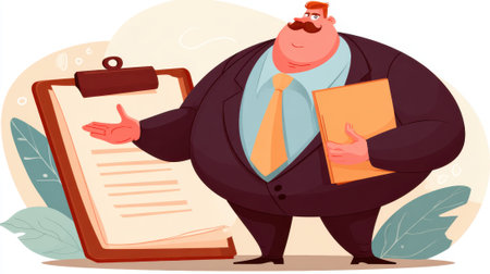 A cartoon illustration of a stout businessman in a suit, presenting a document on a clipboard with a confident gesture, holding another document in his hand.の素材