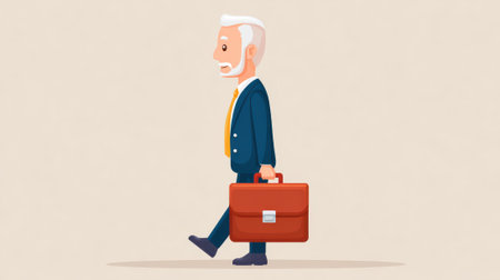 An elderly cartoon businessman with white hair and a beard walks with a red briefcase, representing retirement, career, and business themes in a simple illustration.の素材