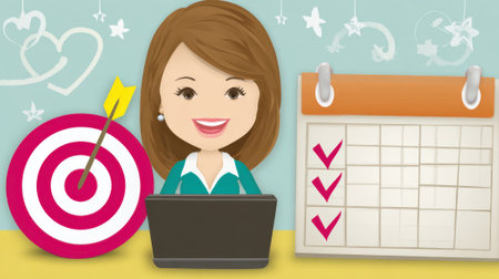 A cartoon illustration featuring a woman with a laptop, a target with an arrow, and a calendar with checkmarks, set against a whimsical background.の素材