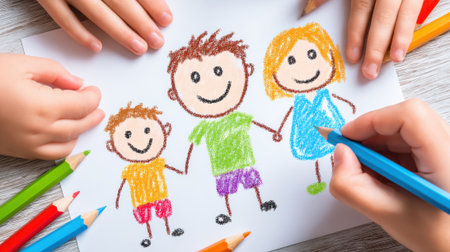 Close-up of childrens hands collaboratively drawing a cheerful stick figure family, including a mother, father, and child, holding hands with vibrant colored pencils on a white sheet of paper, surrounded by more pencils.の素材