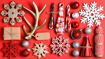 A flat lay arrangement of various Christmas holiday decorations and ornaments, including snowflakes, reindeer antlers, baubles, and gift boxes, all set against a vibrant red background.の素材