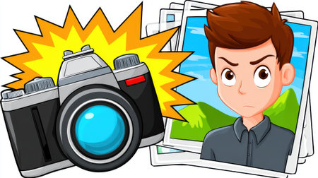 A cartoon image shows a photographer with a camera and a stack of photos, suggesting a photography theme.の素材