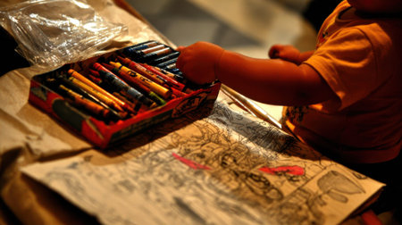 A child engages in creative expression, coloring a picture with a box of crayons, fostering imagination and artistic skills.の素材