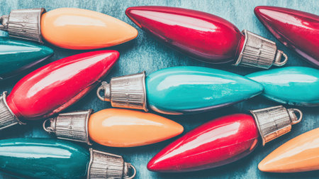 A close up overhead view of vibrant red, blue, and yellow retro Christmas light bulbs scattered on a rustic blue textured surface creating a festive holiday scene.の素材