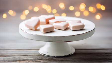A collection of soft pink marshmallows are displayed on a white pedestal, set against a backdrop of warm, inviting bokeh lights.の素材