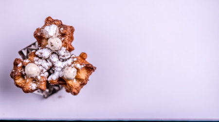 Top-down view of three golden-brown mini waffle cookies, generously dusted with powdered sugar and topped with small nuts, presented on a clean white surface with ample copy space.の素材