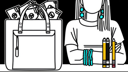 A minimalist illustration featuring a woman with turquoise accessories next to a large tote bag overflowing with cash, rendered in black and white.の素材