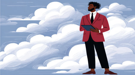 A stylish African American businessman stands confidently among fluffy clouds, holding a tablet, symbolizing innovation and forward-thinking in a digital world.の素材