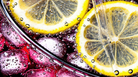 Close-up of a glass filled with water, lemon slices, and berries, creating a refreshing and visually appealing drink with effervescent bubbles.の素材