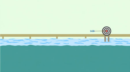 Illustration of an arrow hitting a target on a pier over water, simple and clean design.の素材