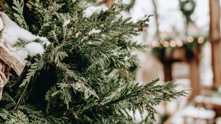 A detailed shot of a Christmas tree with snow-like decorations, creating a festive atmosphere.の素材