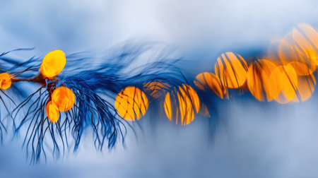 A close up shot of a pine branch with blurred orange bokeh lights in the background.の素材
