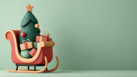 A charming 3D illustration of a Christmas tree and wrapped gifts inside a red sleigh, set against a soft green background.の素材