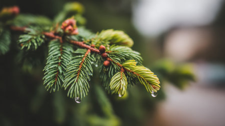 A detailed close-up of an evergreen branch, showcasing vibrant green needles and glistening water droplets, capturing the essence of natures beauty and freshness.の素材