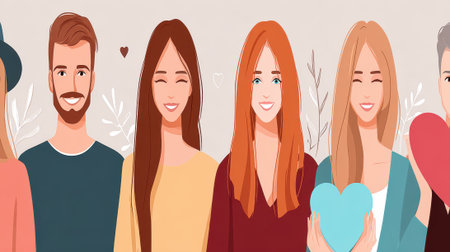 A colorful illustration showcasing a diverse group of people, each holding a heart, symbolizing love, connection, and unity in a modern, inclusive style.の素材