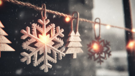 A close-up shot of wooden snowflake and Christmas tree ornaments hanging on a string with warm, glowing lights, creating a cozy and festive holiday atmosphere.の素材