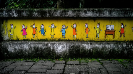 A vibrant mural depicting children wearing face masks stands out against a weathered concrete wall, promoting safety and health awareness.の素材