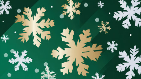 A festive and elegant background featuring a gradient green color palette adorned with a mix of golden and white snowflakes, creating a beautiful winter or holiday theme.の素材