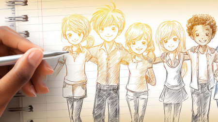 A hand is drawing a group of friends in a sketchbook, showcasing artistic expression and friendship.の素材