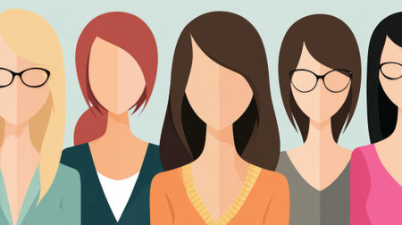 A vector illustration showcasing a diverse group of women, symbolizing female empowerment, unity, and the strength of women in various fields.の素材