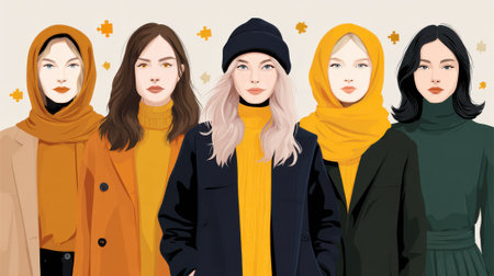 A modern flat vector illustration of five diverse and multicultural women standing together. They are wearing fashionable autumn and winter outfits including coats, hijabs, and beanies.の素材