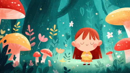 A whimsical illustration of a young girl standing in a magical forest filled with oversized, colorful mushrooms and glowing flora.の素材