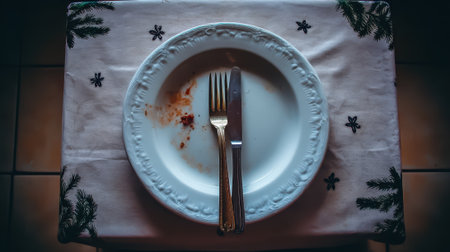 An overhead shot of an empty white plate with a fork and knife, placed on a decorative placemat, suggesting a meal has just been finished.の素材