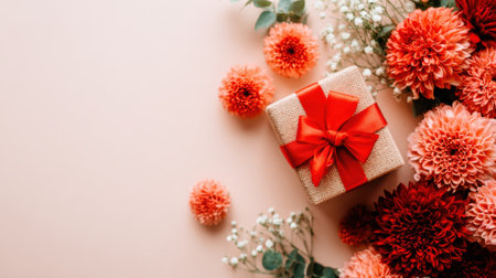 A beautifully wrapped gift box with a bright red ribbon sits nestled among a lush display of red and white flowers, creating a festive and elegant composition on a soft, light-colored background. Perfect for celebrations and special occasions.の素材