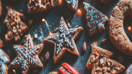 A close-up shot of various Christmas cookies, including star, tree, and snowflake shapes, decorated with icing and sprinkles.の素材