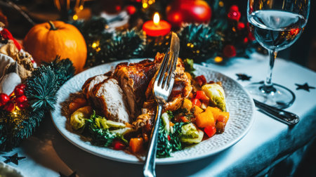 A beautifully arranged Christmas dinner plate featuring sliced turkey, colorful vegetables, and a glass of wine, set against a festive holiday background.の素材