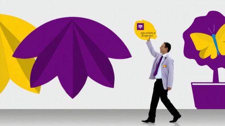 A man in a suit reaching up to hold a sign in front of a wall with stylized shapes.の素材