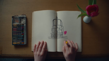 Overhead shot of an open sketchbook featuring an architectural drawing with a red heart, accompanied by art supplies and a flower.の素材