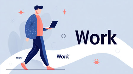 A stylish illustration of a man walking while working on his laptop, perfect for business or technology themes.の素材