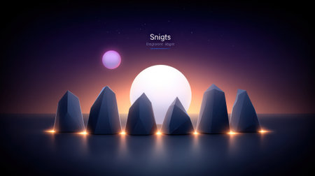 A minimalist landscape featuring a stone circle silhouetted against a twilight sky with a large moon and a smaller celestial body.の素材