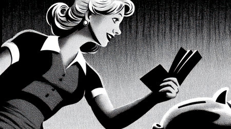 A vintage-style illustration in black and white depicts a smiling woman carefully placing money into a piggy bank, symbolizing financial planning and savings.の素材