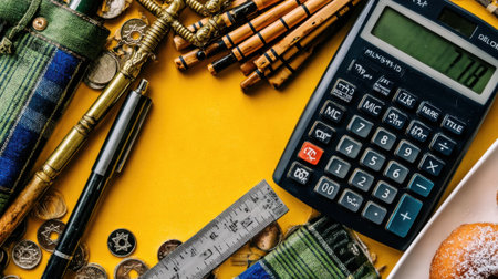 A top-down view of an office desk featuring a calculator, various pens, a ruler, and other stationery items, all arranged on a vibrant yellow background, suggesting a workspace or study area.の素材