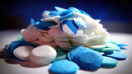 A close-up shot of a large pile of blue and white candy melts, some solid colored and some striped, scattered on a light-colored surface with a blurred dark background.の素材