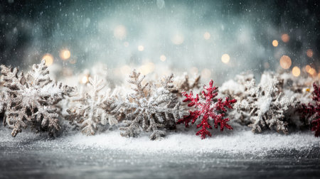 A festive Christmas scene featuring a row of snow-covered snowflakes, with a mix of white and red, set against a bokeh background.の素材