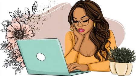 Vector illustration of a stylish African American woman with glasses working on her laptop. The scene is decorated with flowers and a small potted plant.の素材