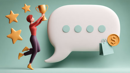 A 3D rendered image showcasing a jubilant character holding a trophy, surrounded by stars, a speech bubble, shopping bag, and a coin, symbolizing achievement and rewards.の素材