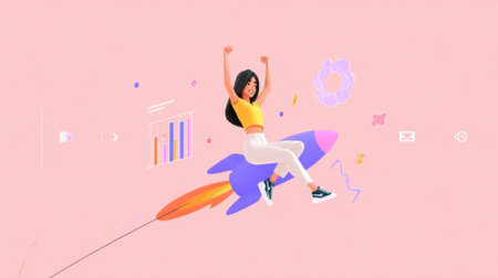 A cartoon illustration of a woman riding a rocket with her arms raised in success, set against a pink background with abstract shapes.の素材
