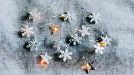 Close-up of snowflake-shaped lights arranged on a textured, possibly fabric, surface. The lights are illuminated, creating a festive and decorative winter scene.の素材