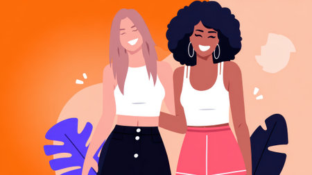 Two diverse young women, one with blonde hair and the other with dark curly hair, smiling and laughing together, representing friendship and happiness.の素材