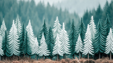 A serene and stylized depiction of a dense forest with numerous pine trees, some adorned with snow, set against a soft, misty backdrop.の素材
